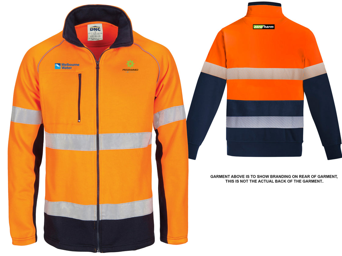 HI VIS 2 TONE FULL ZIP FLEECE SWEAT SHIRT WITH TAPE - ORANGE/NAVY