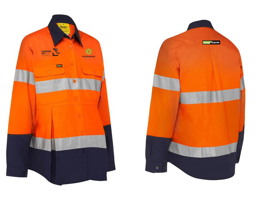 WOMENS TAPED HI VIS MATERNITY DRILL SHIRT - ORANGE/NAVY