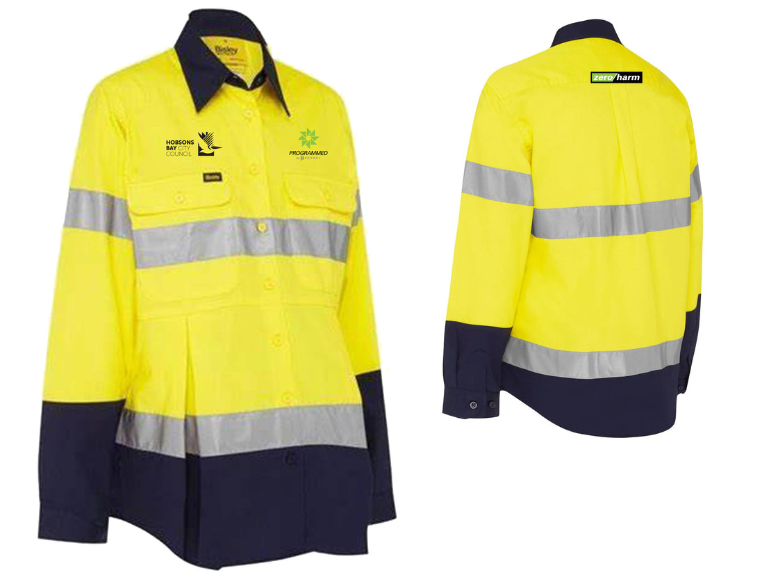 WOMENS TAPED HI VIS MATERNITY DRILL SHIRT - YELLOW/NAVY