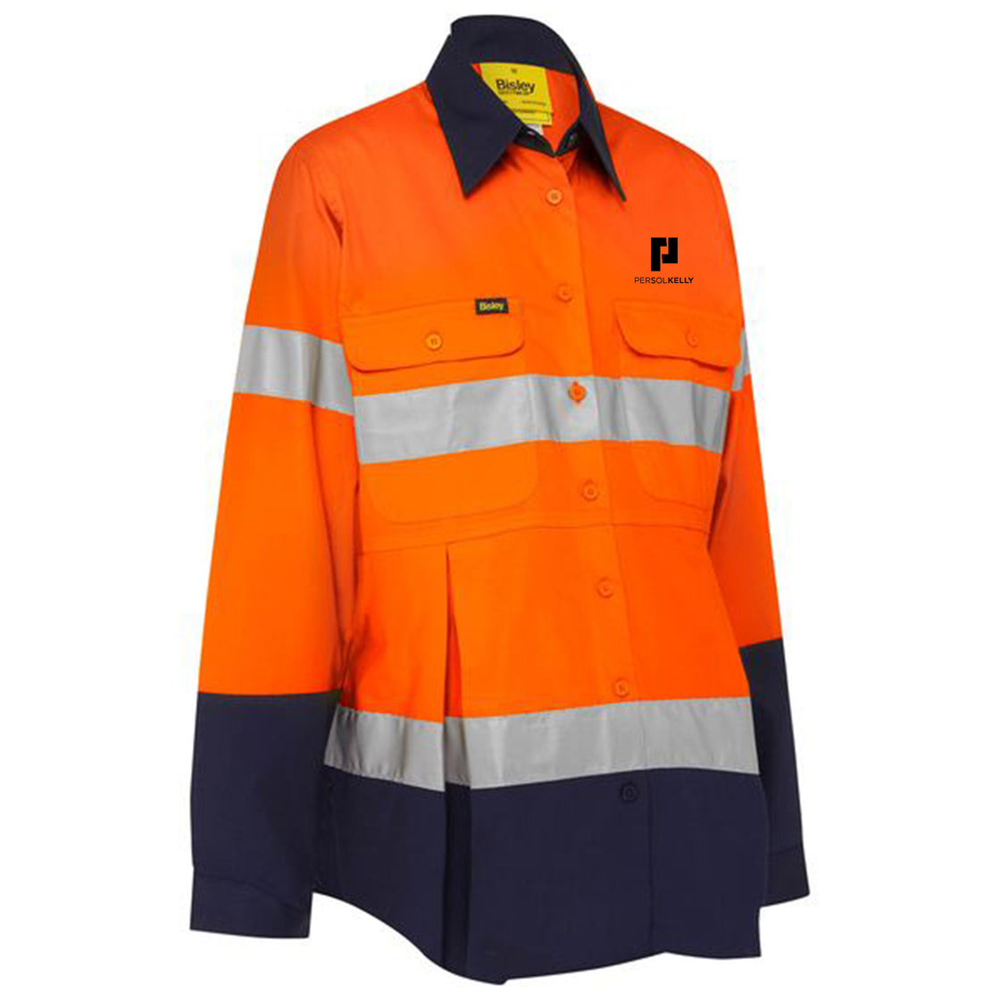 WOMEN'S TAPED HI VIS MATERNITY DRILL SHIRT - ORANGE/NAVY