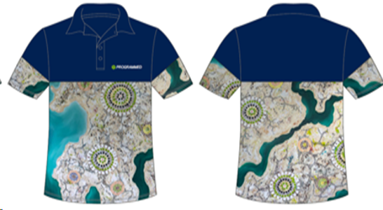 WOMENS INDIGENOUS PRINT SHORT SLEEVE POLO - NAVY