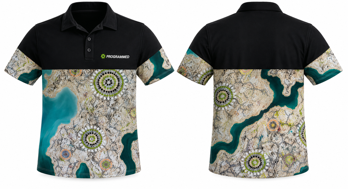 MENS INDIGENOUS PRINT SHORT SLEEVE POLO - BLACK