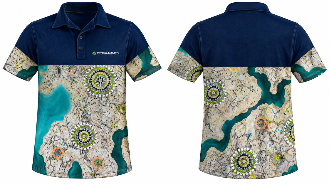 WOMENS INDIGENOUS PRINT SHORT SLEEVE POLO - NAVY