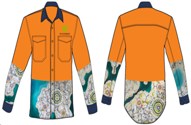 MENS INDIGENOUS PRINT INDUSTRIAL LONG SLEEVE SHIRT - ORANGE