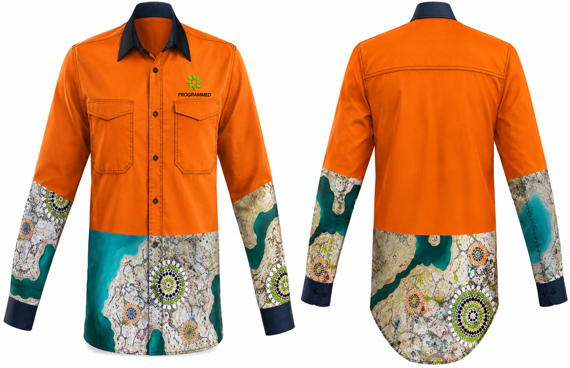 LADIES INDIGENOUS PRINT INDUSTRIAL LONG SLEEVE SHIRT - ORANGE