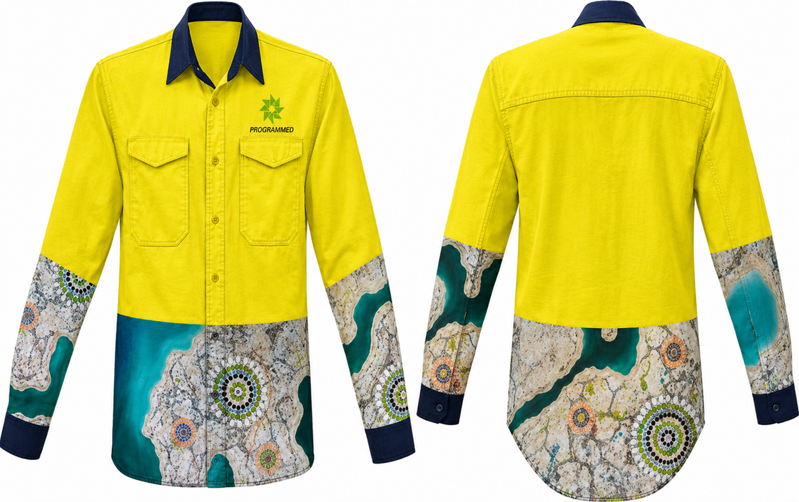 LADIES INDIGENOUS PRINT INDUSTRIAL LONG SLEEVE SHIRT - YELLOW