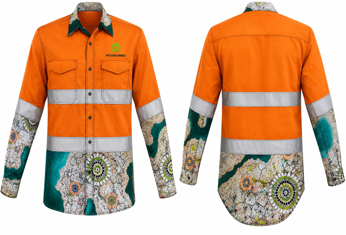 MENS INDIGENOUS PRINT INDUSTRIAL LONG SLEEVE SHIRT - TAPED - ORANGE