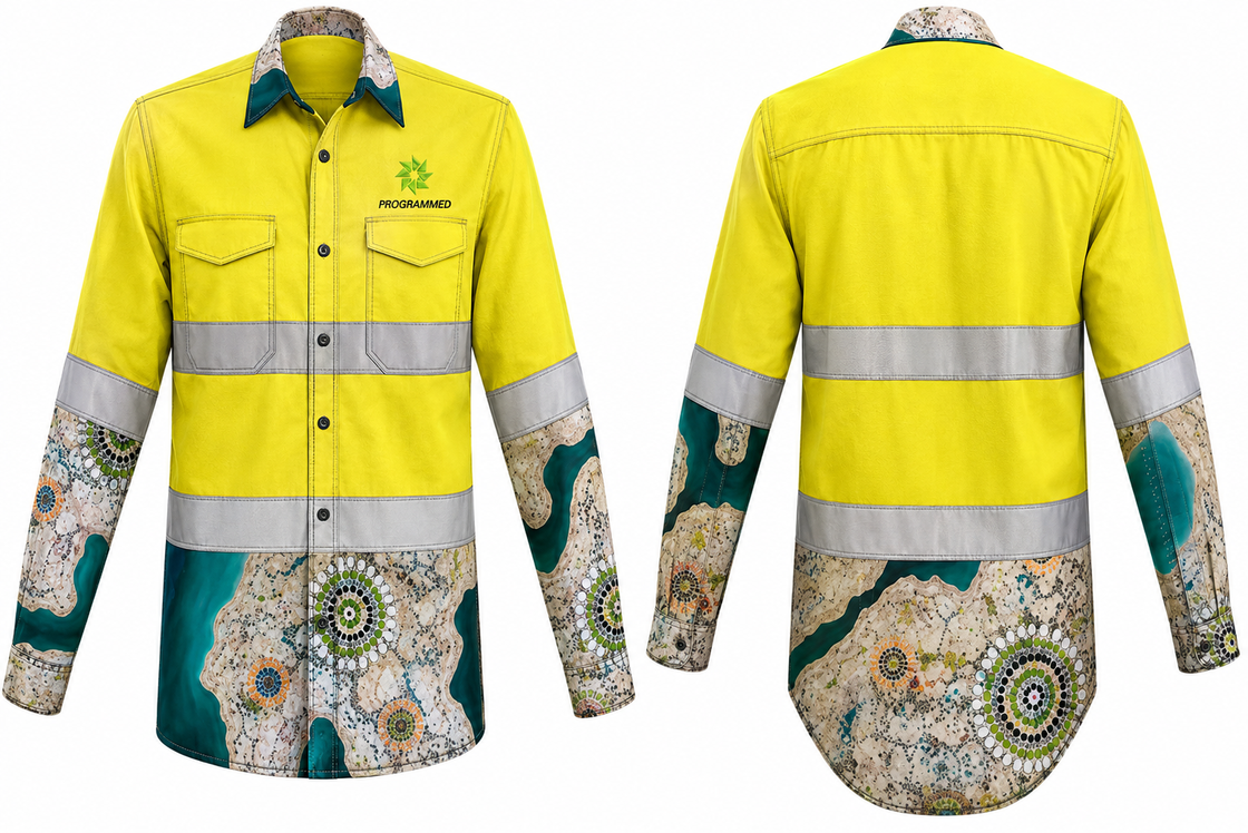 MENS INDIGENOUS PRINT INDUSTRIAL LONG SLEEVE SHIRT - TAPED - YELLOW