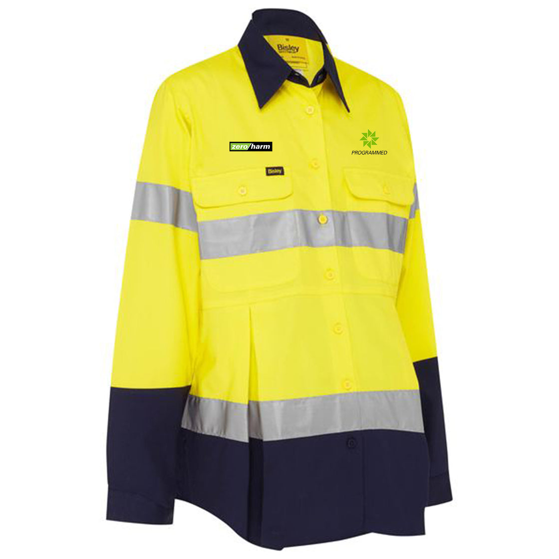 WOMEN'S TAPED HI VIS MATERNITY DRILL SHIRT - YELLOW/NAVY