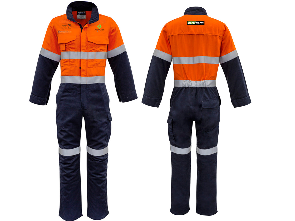 MENS ORANGE FLAME OVERALL - HOOP TAPED - ORANGE/NAVY