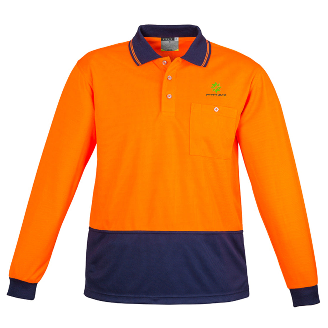 UNISEX HI VIS BASIC LONG SLEEVE POLO - ORANGE/NAVY