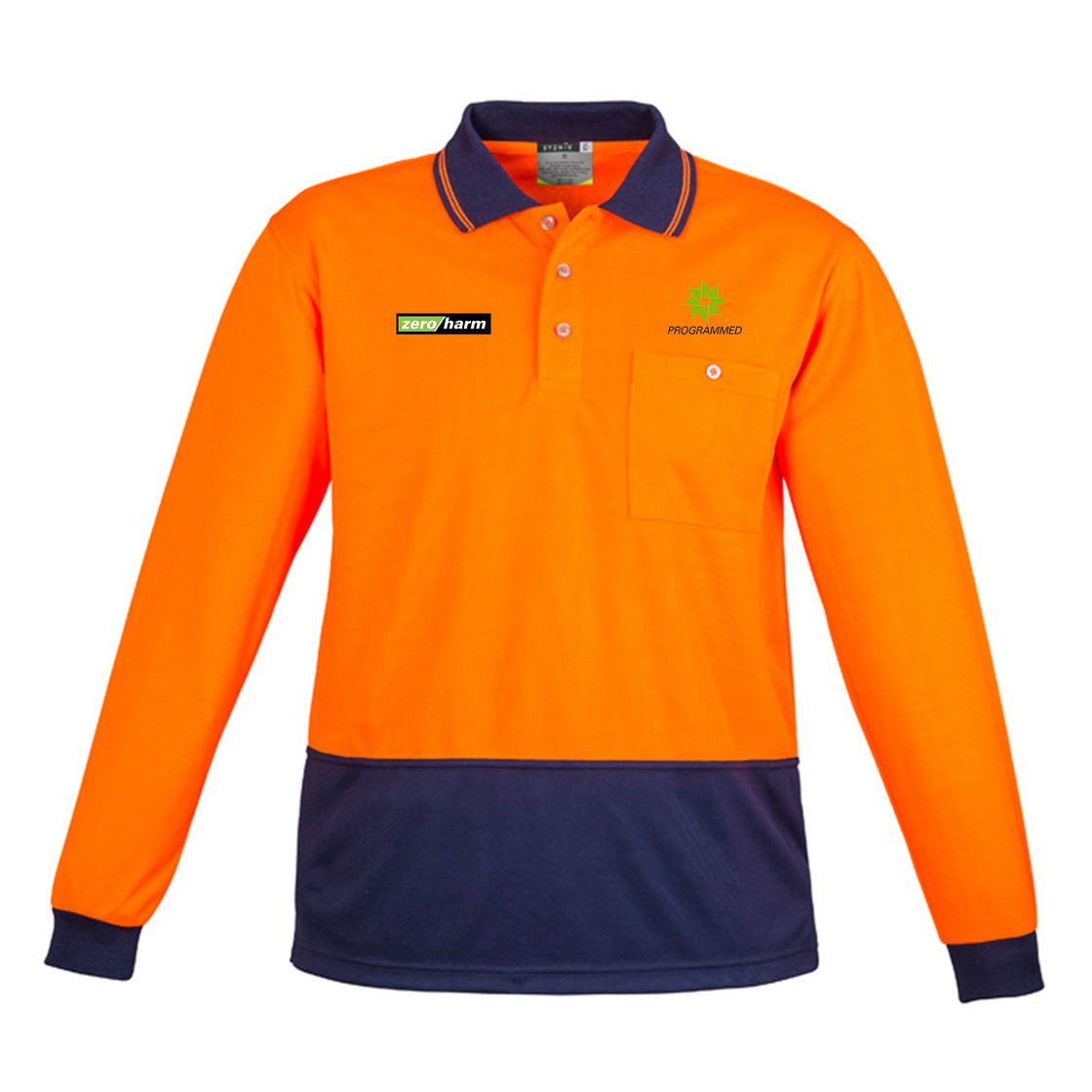 UNISEX HI VIS BASIC LONG SLEEVE POLO - ORANGE/NAVY