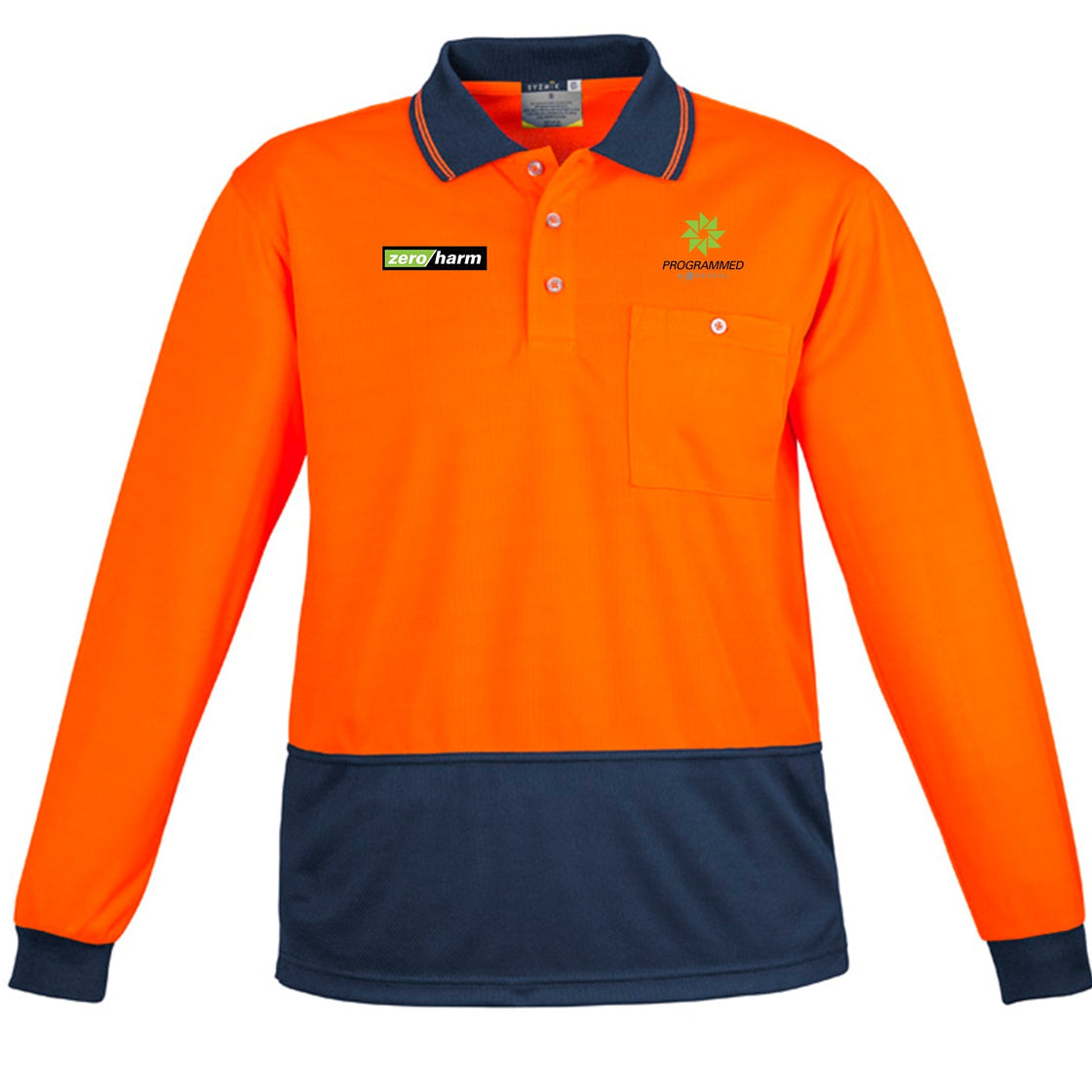 UNISEX HI VIS BASIC LONG SLEEVE POLO - ORANGE/NAVY