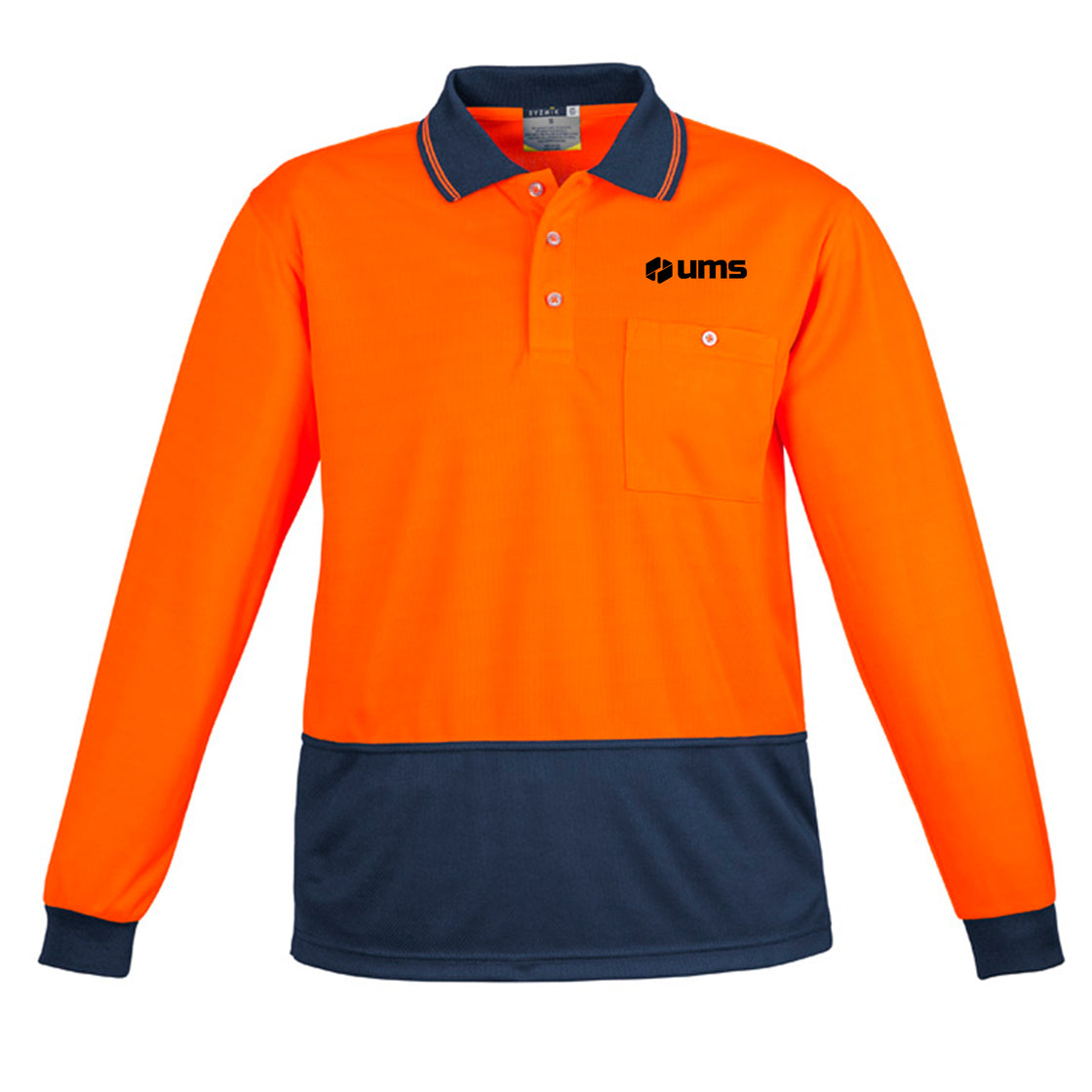 UNISEX HI VIS BASIC LONG SLEEVE POLO - ORANGE/NAVY