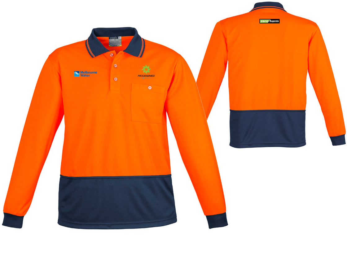 UNISEX HI VIS BASIC LONG SLEEVE POLO - ORANGE/NAVY