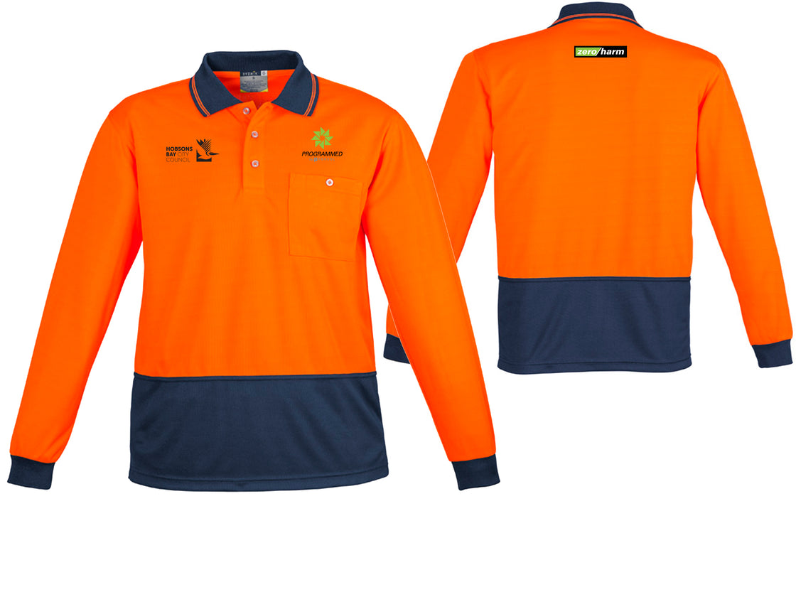 UNISEX HI VIS BASIC LONG SLEEVE POLO - ORANGE/NAVY