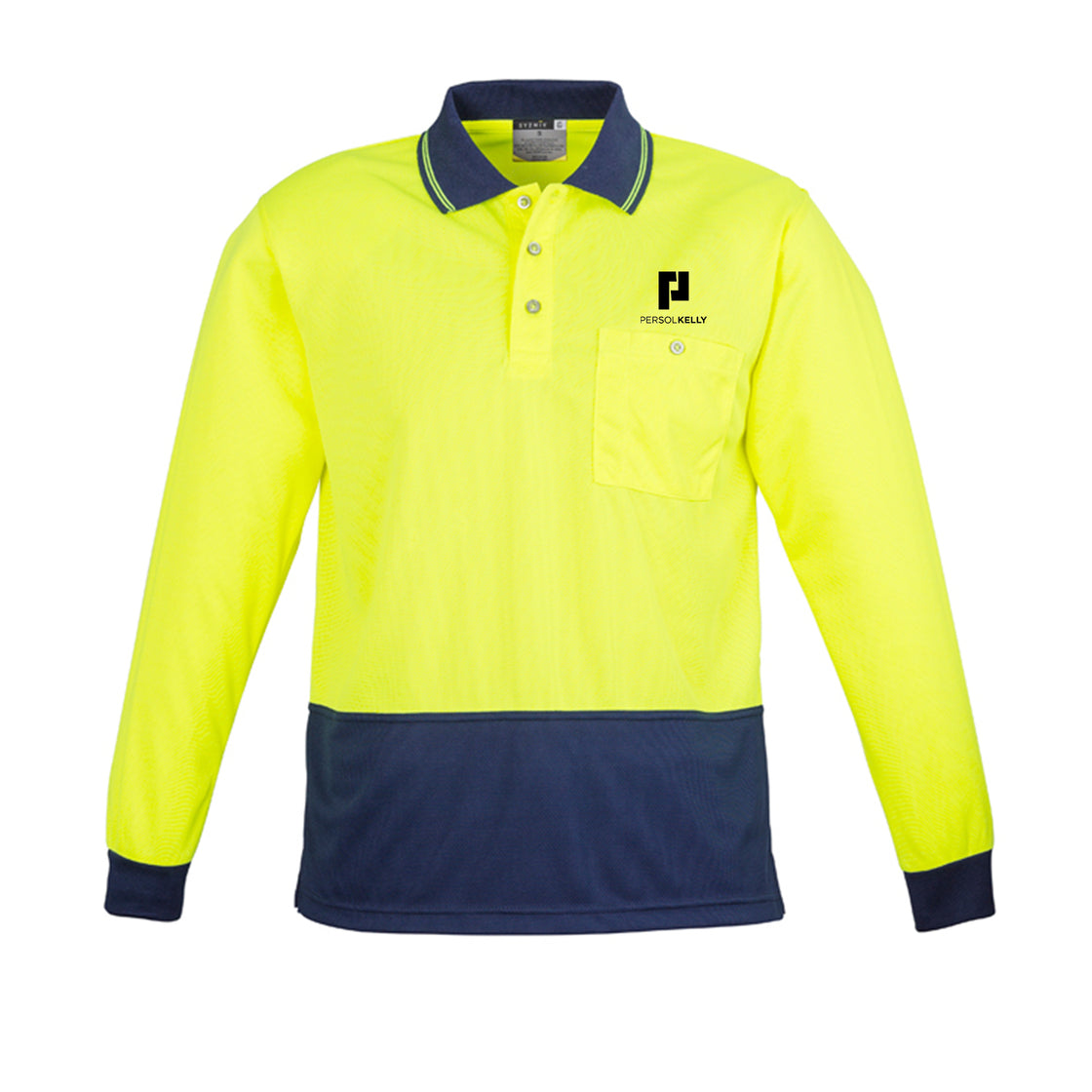 UNISEX HI VIS BASIC LONG SLEEVE POLO - YELLOW/NAVY