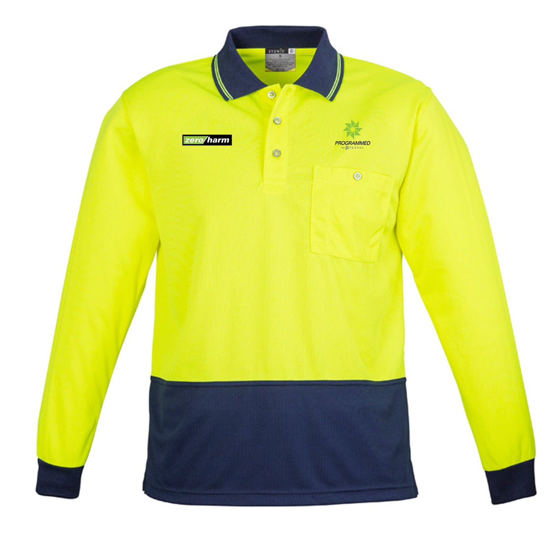 UNISEX HI VIS BASIC LONG SLEEVE POLO - YELLOW/NAVY