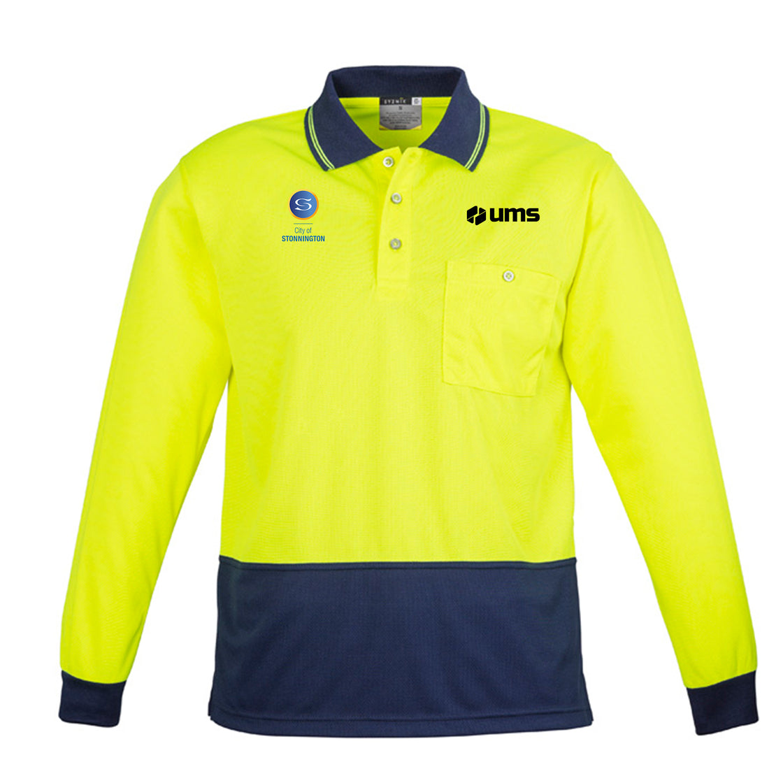 UNISEX HI VIS BASIC LONG SLEEVE POLO - YELLOW/NAVY