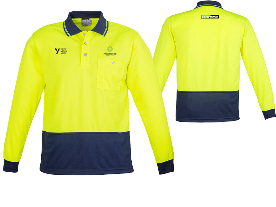 UNISEX HI VIS BASIC LONG SLEEVE POLO - YELLOW/NAVY