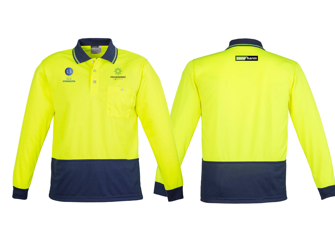 UNISEX HI VIS BASIC LONG SLEEVE POLO - YELLOW/NAVY