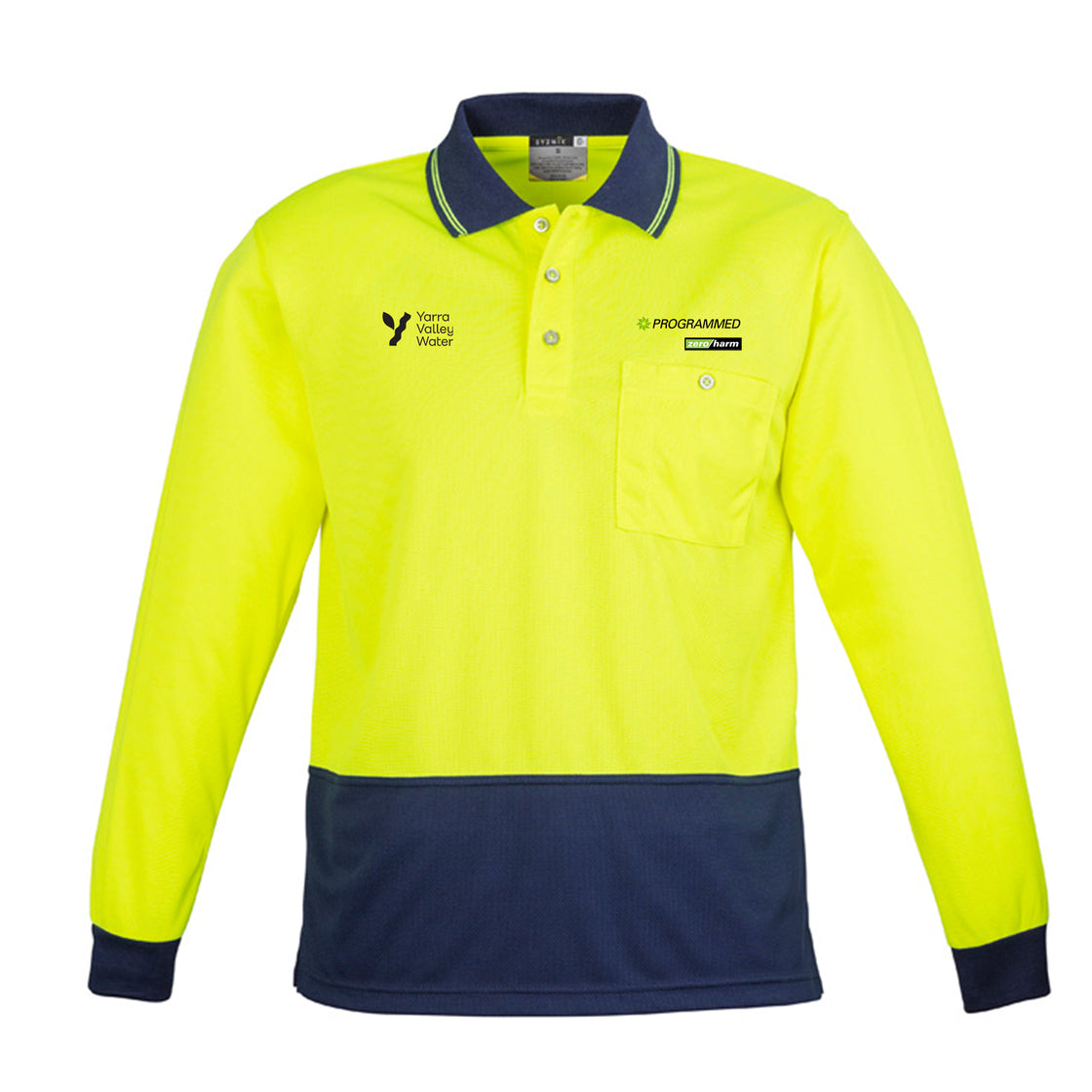 UNISEX HI VIS BASIC LONG SLEEVE POLO - YELLOW/NAVY