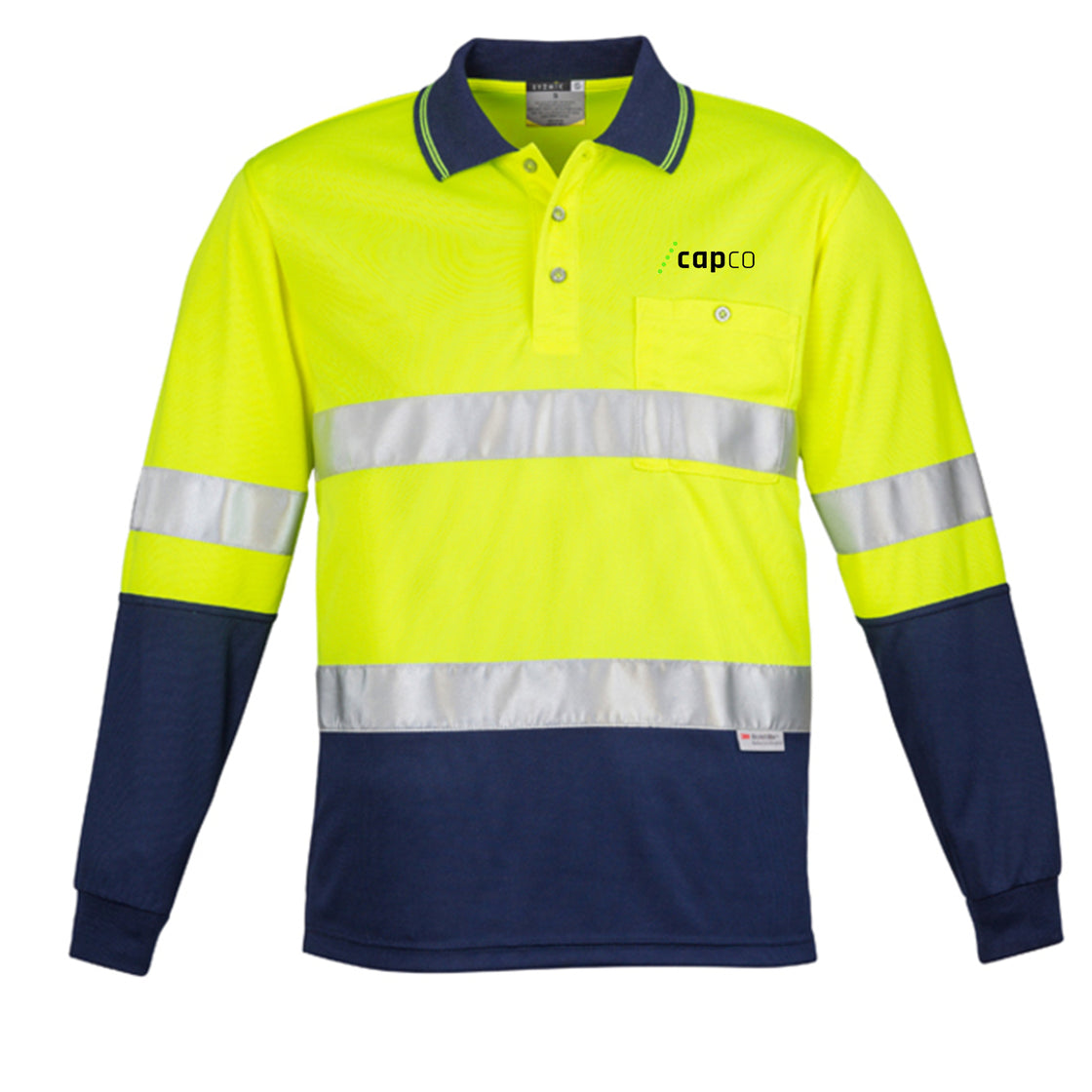 MENS HI VIS SPLICED LONG SLEEVE POLO - HOOP TAPED - YELLOW/NAVY