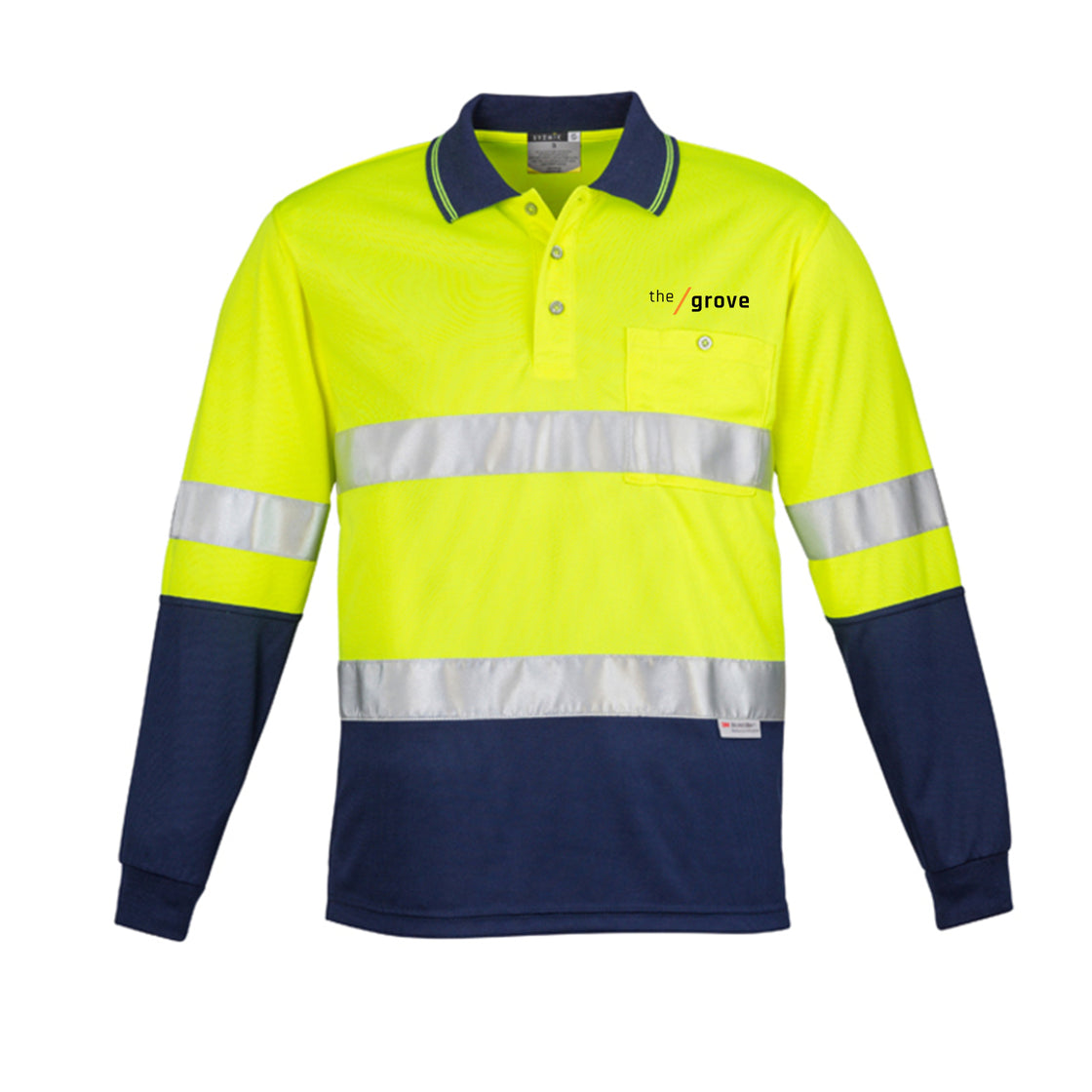 MENS HI VIS SPLICED LONG SLEEVE POLO - HOOP TAPED - YELLOW/NAVY