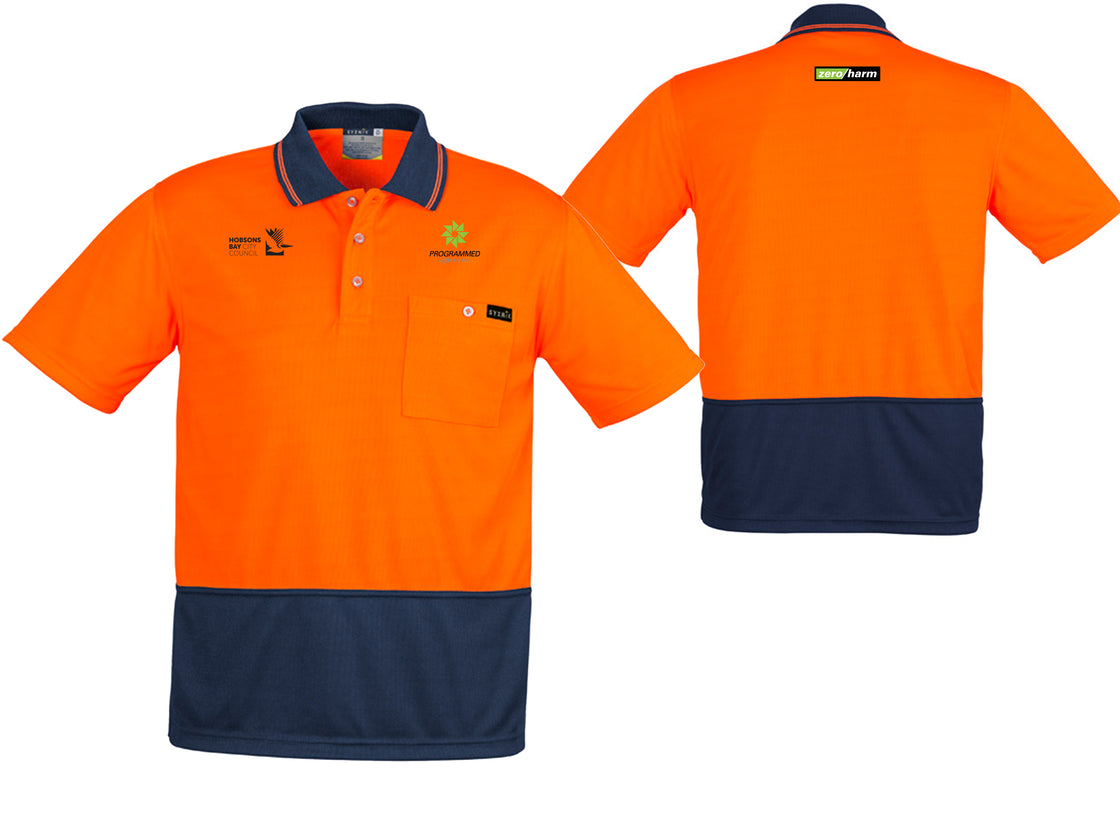 MENS HI VIS COMFORT BACK SHORT SLEEVE POLO - ORANGE/NAVY