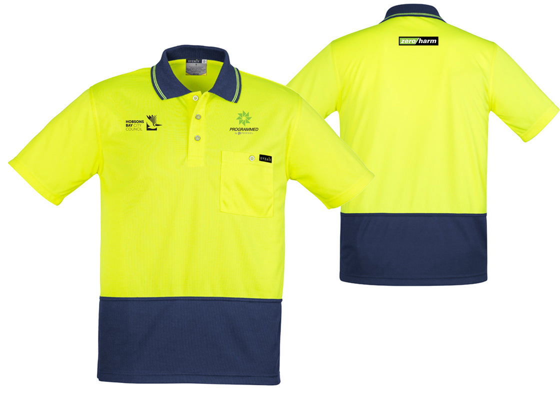 MENS HI VIS COMFORT BACK SHORT SLEEVE POLO - YELLOW/NAVY