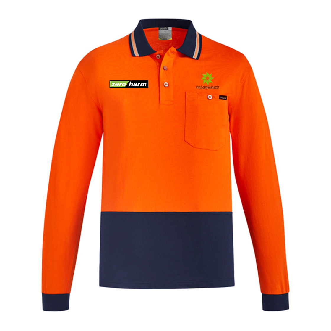 MENS HI VIS COTTON L/S POLO - ORANGE/NAVY