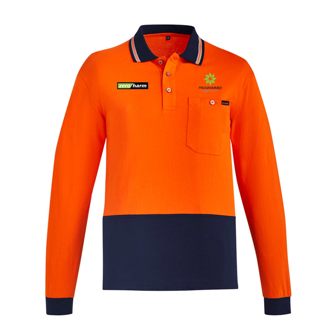 MENS HI VIS COTTON L/S POLO - ORANGE/NAVY