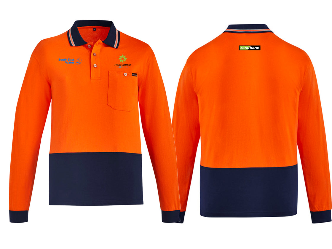 MENS HI VIS COTTON LONG SLEEVE POLO - ORANGE/NAVY