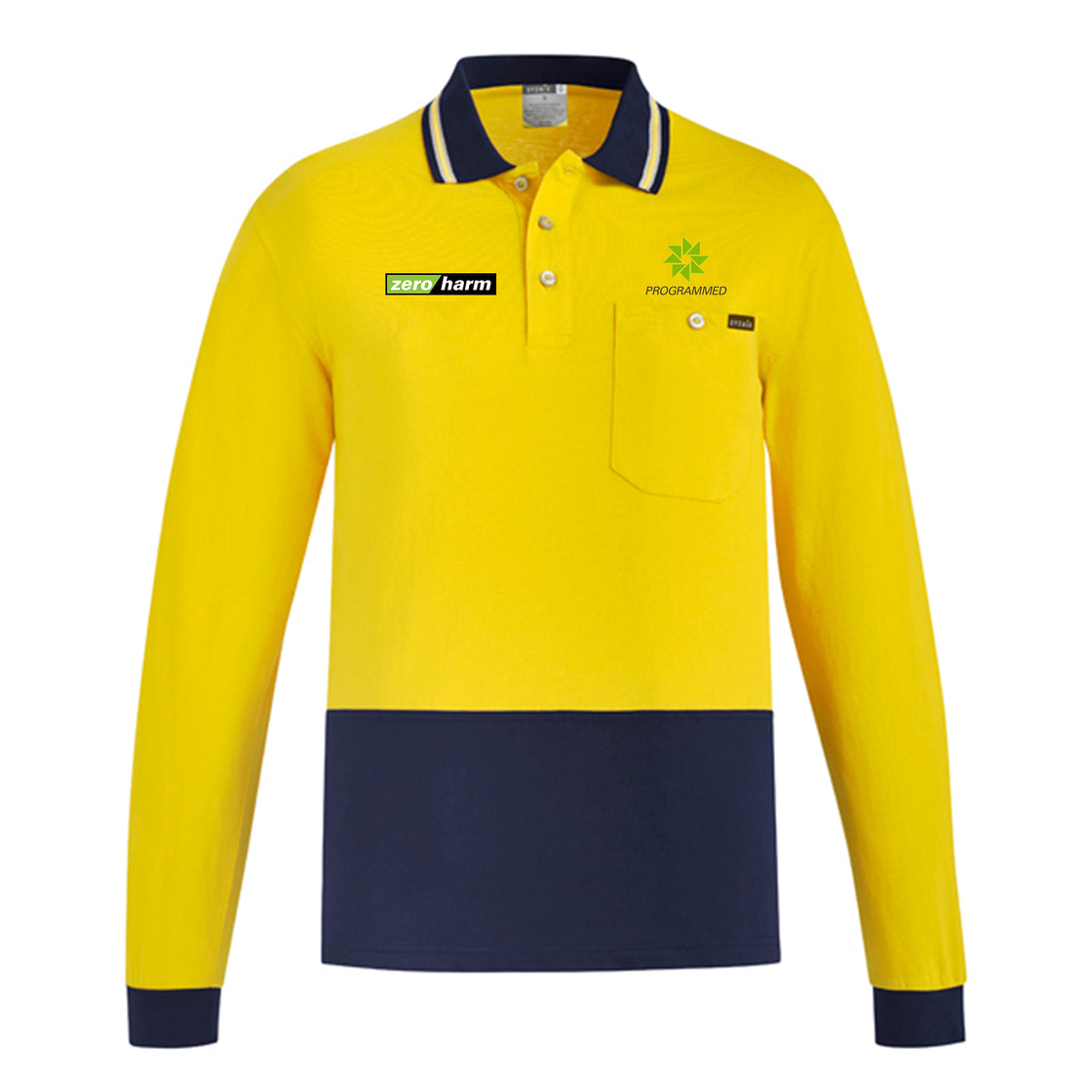 MENS HI VIS COTTON L/S POLO - YELLOW/NAVY