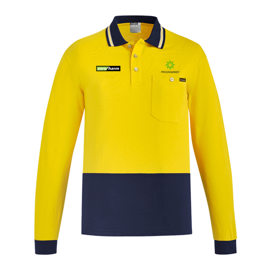 MENS HI VIS COTTON L/S POLO - YELLOW/NAVY