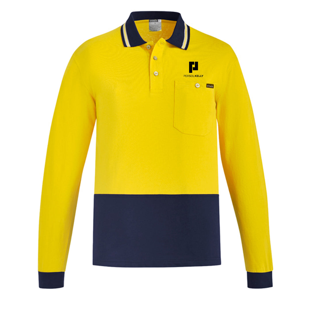 MENS HI VIS COTTON L/S POLO - YELLOW/NAVY