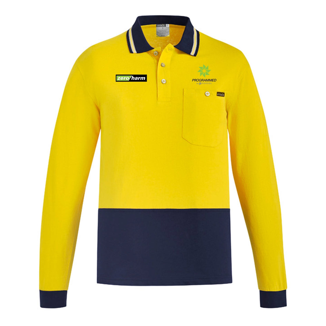 MENS HI VIS COTTON L/S POLO - YELLOW/NAVY