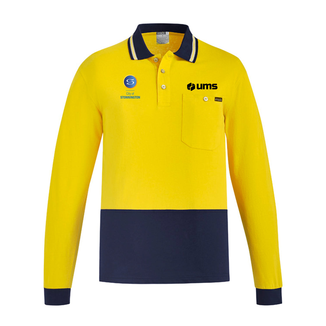 MENS HI VIS COTTON L/S POLO - YELLOW/NAVY