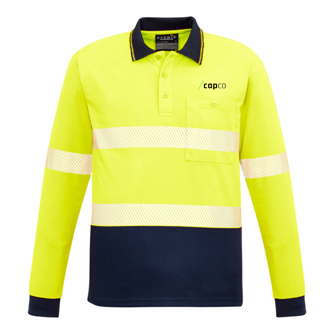 UNISEX HI VIS SEGMENTED L/S POLO - HOOP TAPED - YELLOW/NAVY