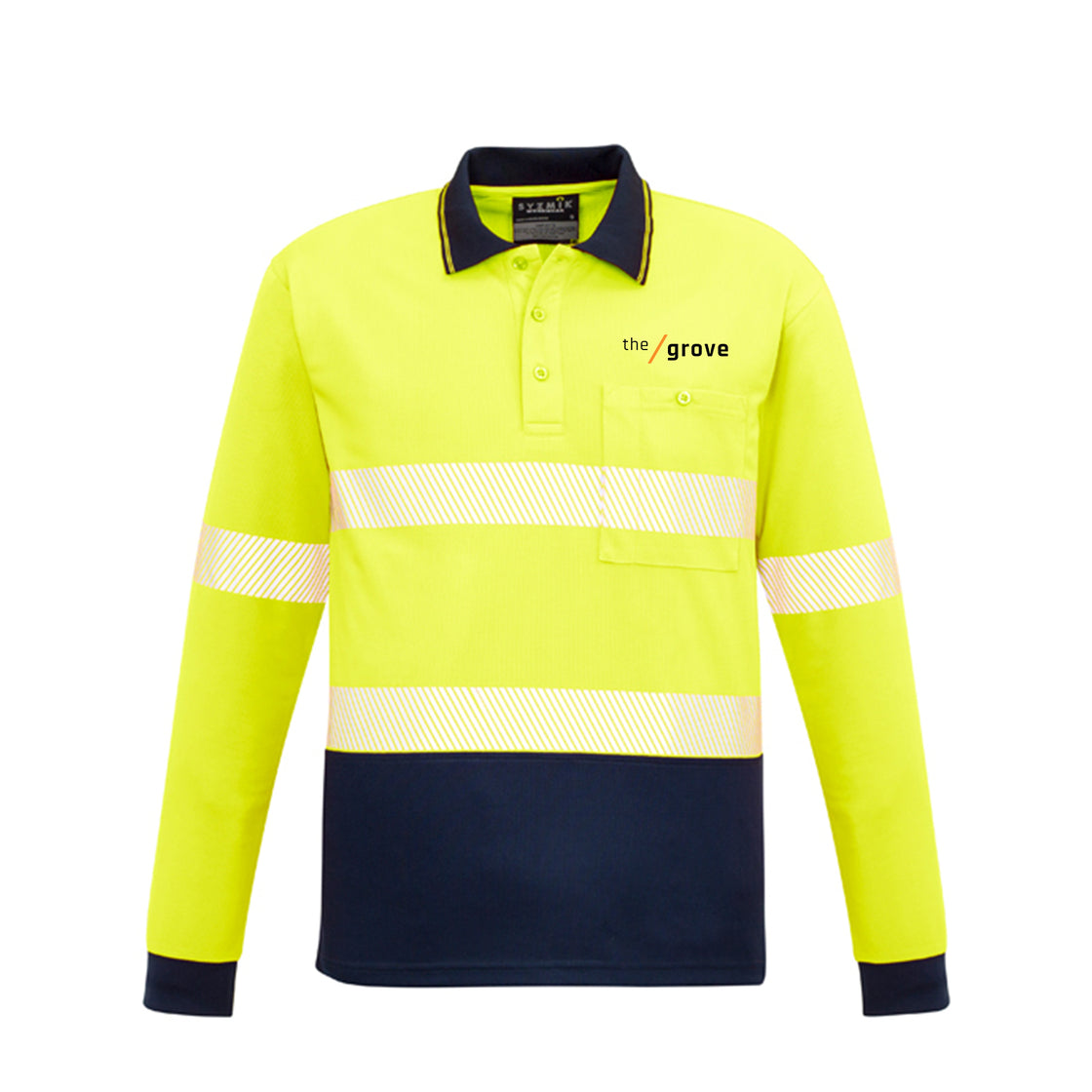 UNISEX HI VIS SEGMENTED L/S POLO - HOOP TAPED - YELLOW/NAVY