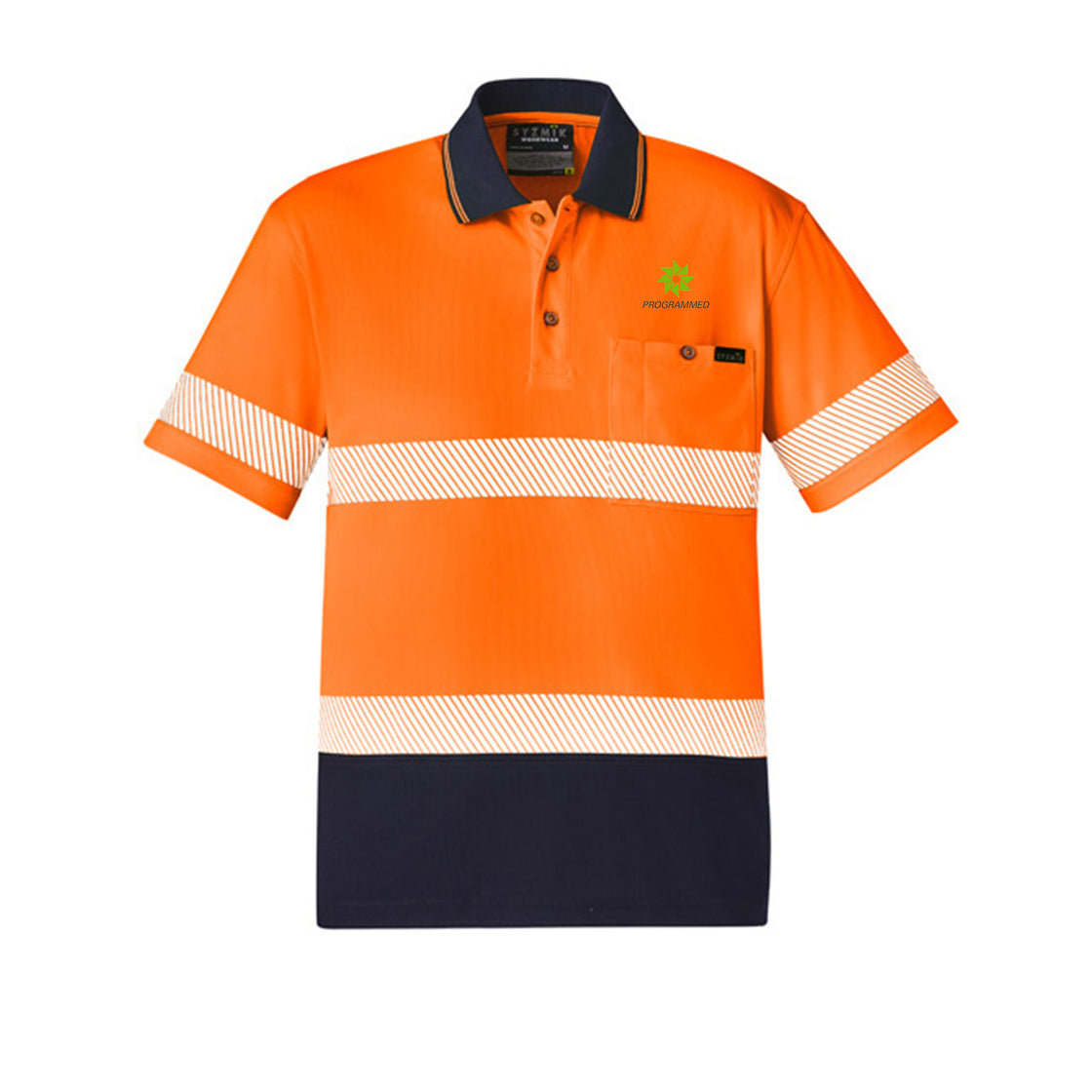 UNISEX HI VIS SEGMENTED S/S POLO - HOOP TAPED - ORANGE/NAVY