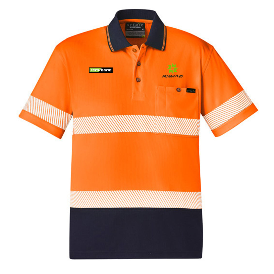 UNISEX HI VIS SEGMENTED S/S POLO - HOOP TAPED - ORANGE/NAVY