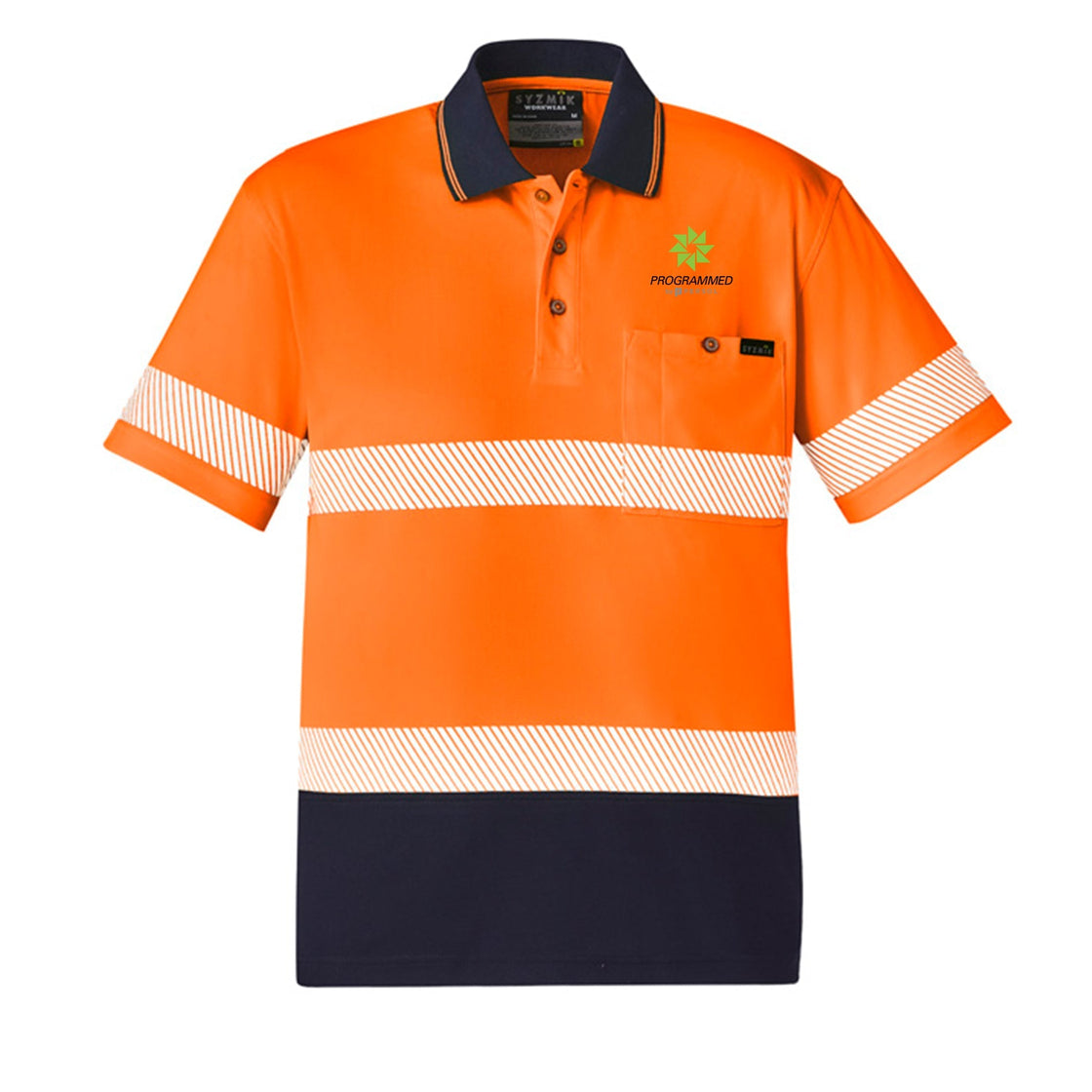 UNISEX HI VIS SEGMENTED S/S POLO - HOOP TAPED - ORANGE/NAVY