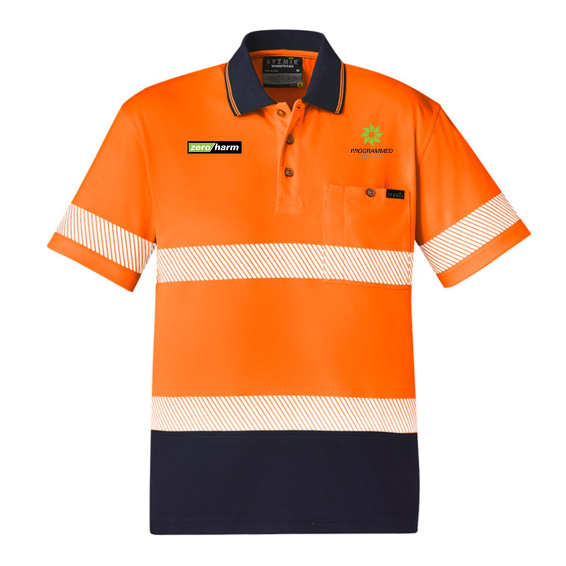 UNISEX HI VIS SEGMENTED S/S POLO - HOOP TAPED - ORANGE/NAVY