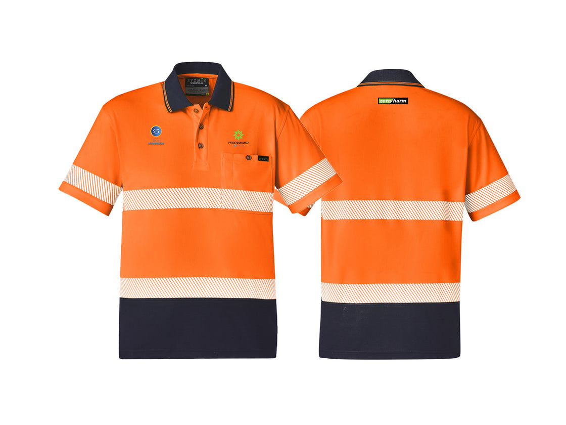 UNISEX HI VIS SEGMENTED S/S POLO - HOOP TAPED - ORANGE/NAVY