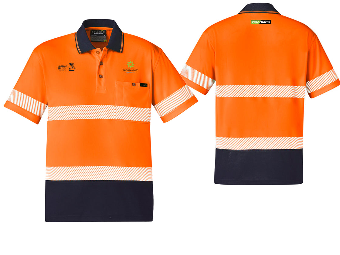 UNISEX HI VIS SEGMENTED TAPE SHORT SLEEVE POLO - ORANGE/NAVY
