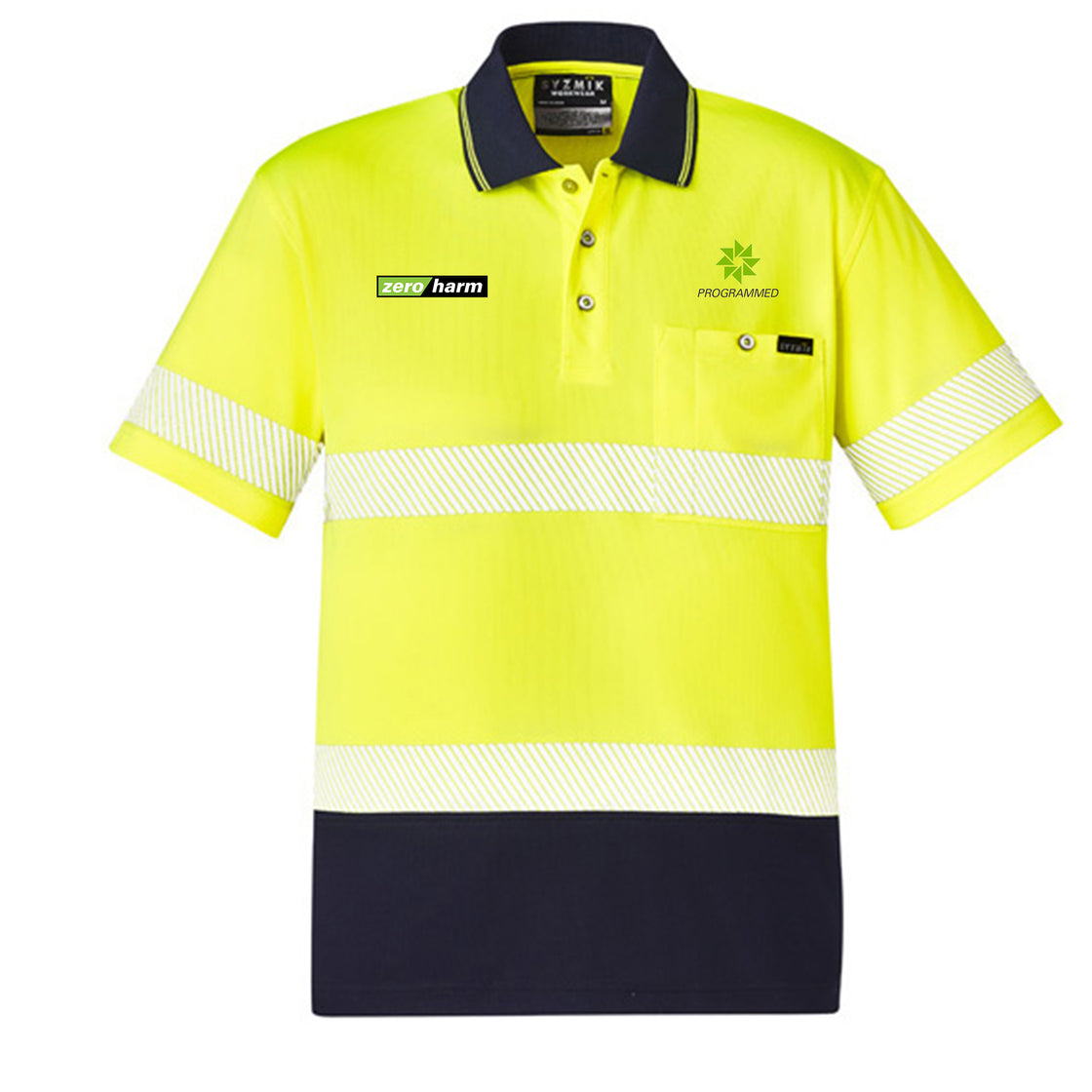 UNISEX HI VIS SEGMENTED S/S POLO - HOOP TAPED - YELLOW/NAVY