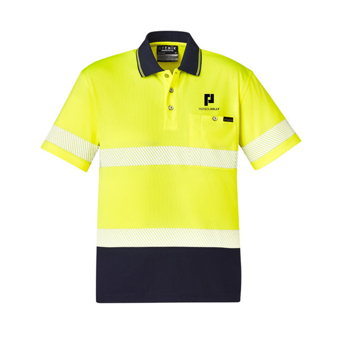 UNISEX HI VIS SEGMENTED S/S POLO - HOOP TAPED - YELLOW/NAVY