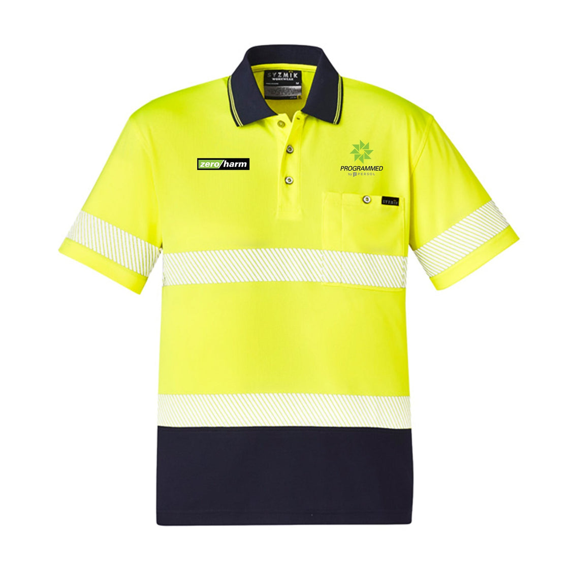 UNISEX HI VIS SEGMENTED S/S HOOP TAPED POLO - YELLOW/NAVY