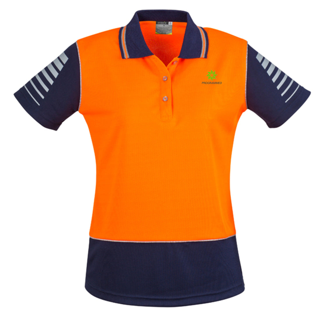 WOMENS HI VIS ZONE POLO - ORANGE/NAVY